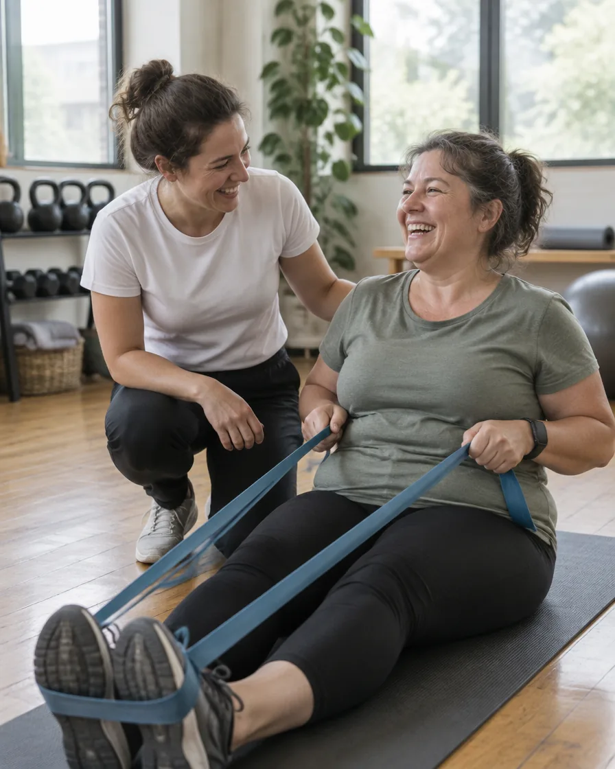 A support worker encouraging a participant during a seated resistance band exercise