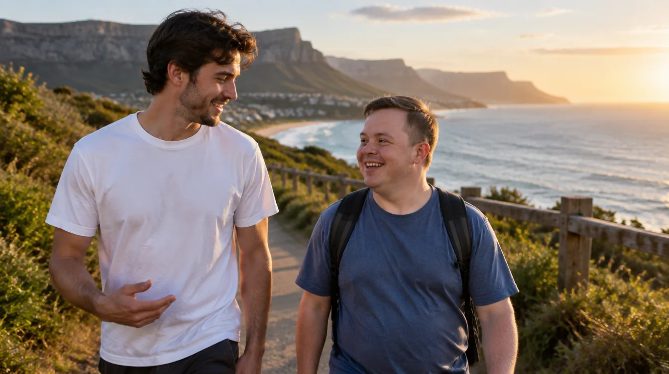 A support worker and participant walking the Wollongong coastal path at golden hour