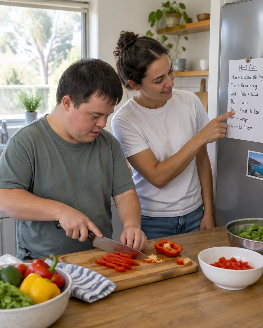 A participant chopping vegetables while a support worker points to a meal plan on the fridge