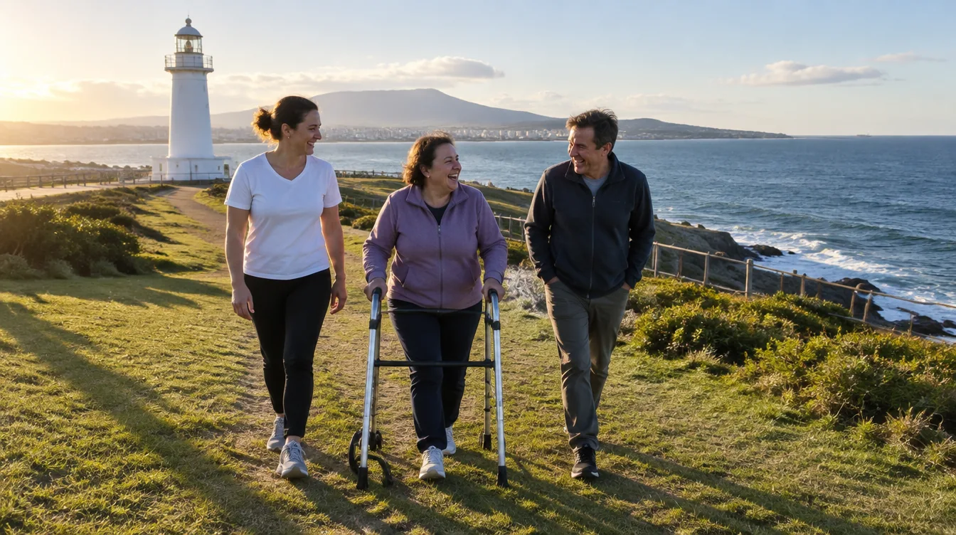 A small group walking on Flagstaff Hill near the Wollongong lighthouse
