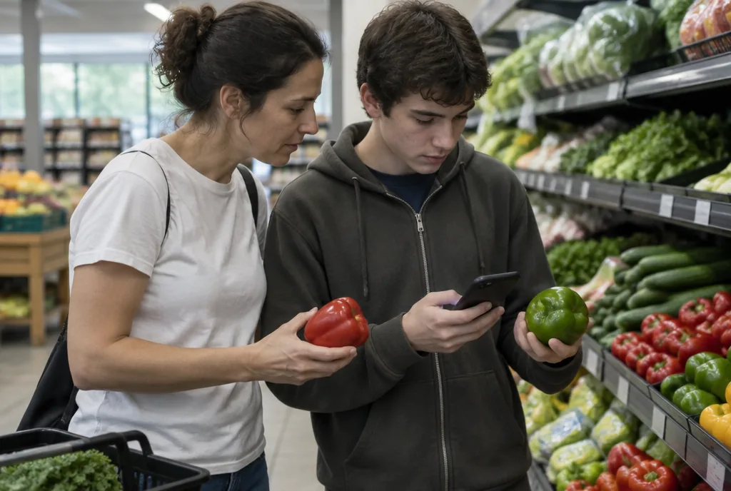 A support worker and participant comparing items in a supermarket