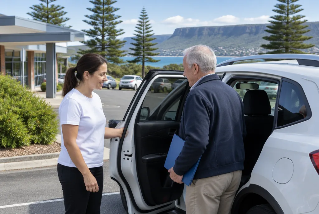 A support worker opening a car door for a participant outside a medical centre